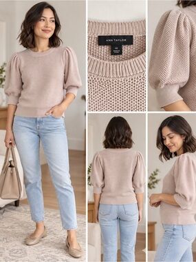 Ann Taylor Puff Sleeve Textured Knit Sweater XS Blush Beige Feminine